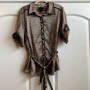 Lane Bryant Vintage Retro Y2K Style Silky 3/4 Sleeves Button Down With Tie Belt